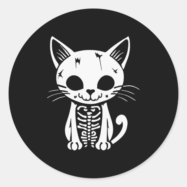 Adesivo Redondo Funny Halloween Skeleton Cat Kitty Costume Skull C (Frente)