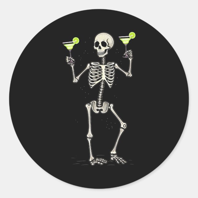 Adesivo Redondo Funny Halloween Skeleton Drinking Margarita Tail  (Frente)