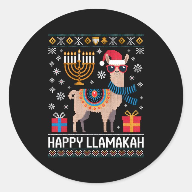 Adesivo Redondo Funny Happy Llamakah Llama With Menorah  (Frente)