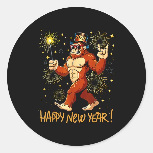 Adesivo Redondo Funny Happy New Year 2026 Bigfoot Lovers New Years (Frente)