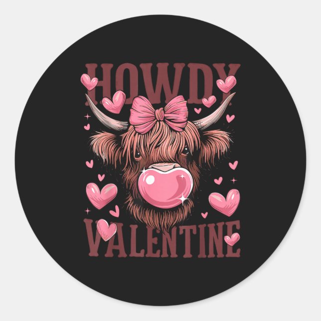 Adesivo Redondo Funny Howdy Valentine Highland Cow Valentine’s Day (Frente)