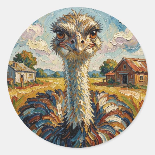 Adesivo Redondo Funny Impasto Ostrich on a Ranch  (Frente)