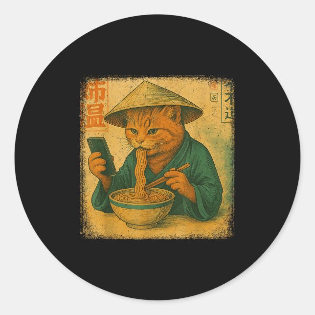 Adesivo Redondo Funny Japanese Cat Eat Ramen And Scroll Phone Anim (Frente)