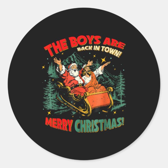 Adesivo Redondo Funny Jesus Santa The Boys Are Back In Town Merry  (Frente)