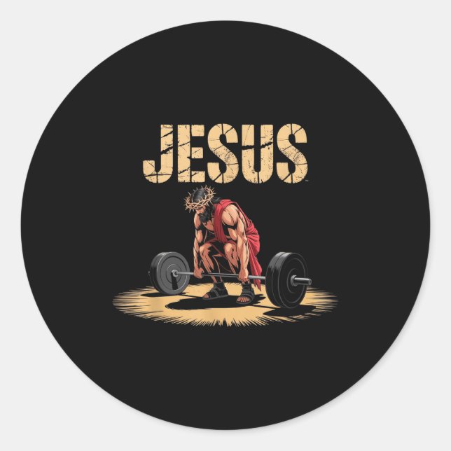 Adesivo Redondo Funny Jesus Weightlifting Christian Gym Humor  (Frente)