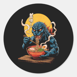 Adesivo Redondo Funny Kaiju Comendo Ramen Monstro Japonês Bi