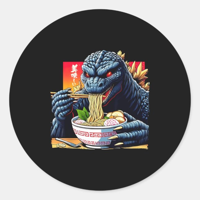Adesivo Redondo Funny Kaiju Eating Ramen Japanese Monster Lover Bi (Frente)