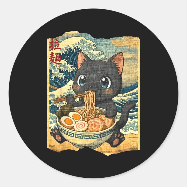 Adesivo Redondo Funny Kawaii Black Cat Ramen Noodle Bowl Japanese  (Frente)