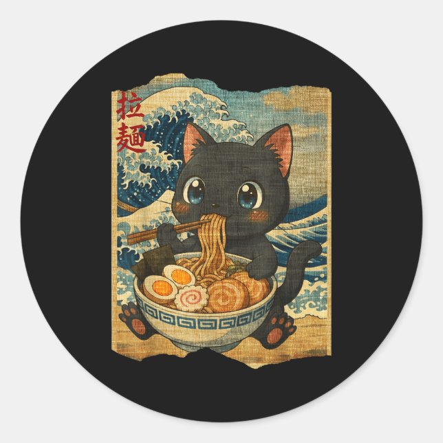 Adesivo Redondo Funny Kawaii Black Cat Ramen Noodle Bowl Japanese  (Frente)