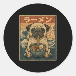 Adesivo Redondo Funny Kawaii Ramen Pug Noodles Japoneses Pug Comen