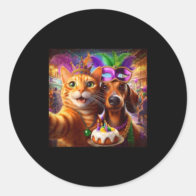 Adesivo Redondo Funny Mardi Gras Cat Dachshund Selfie Squad  (Frente)