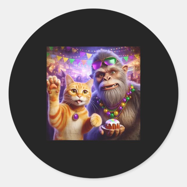 Adesivo Redondo Funny Mardi Gras Selfie Cat Bigfoot Quote _3  (Frente)