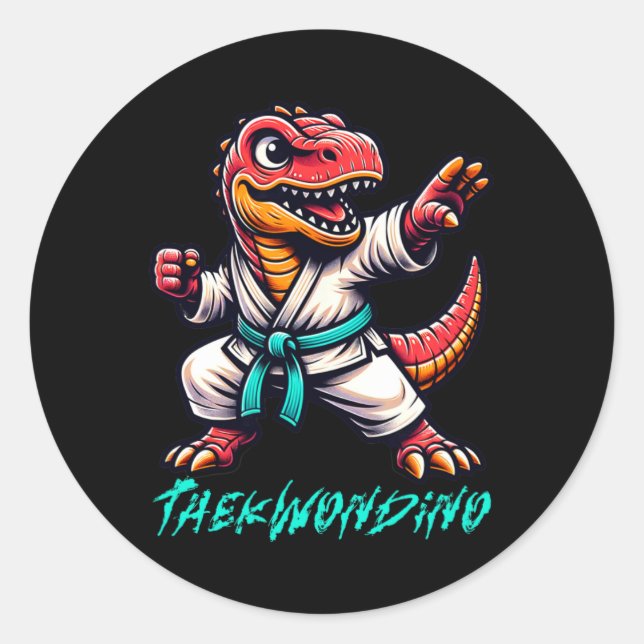 Adesivo Redondo Funny Martial Arts Karate Taekwondo Dino Animal Cu (Frente)