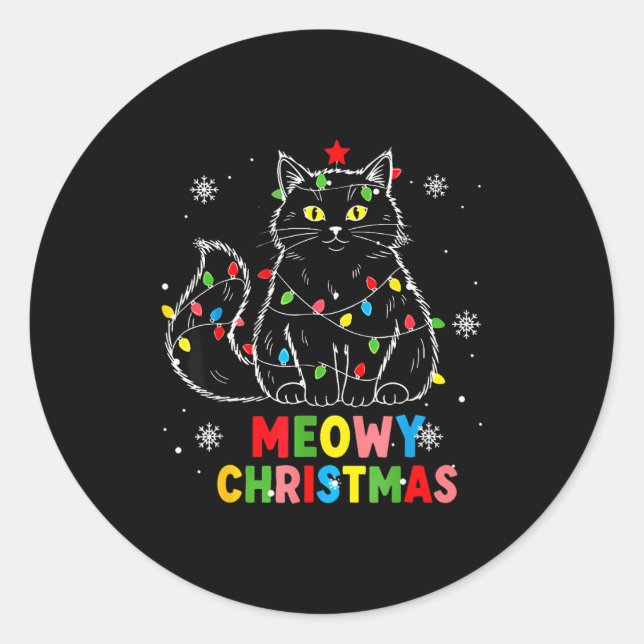 Adesivo Redondo Funny Meowy Christmas Xmas Lights Black Cat Pajama (Frente)