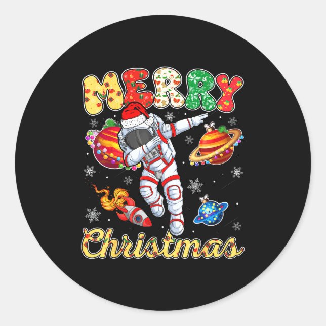 Adesivo Redondo Funny Merry Christmas Astronaut Dabbing Space Snow (Frente)