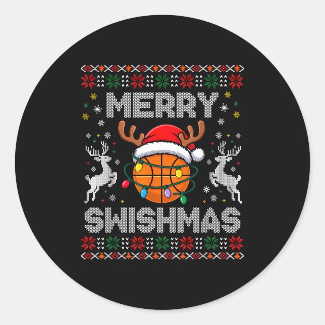 Adesivo Redondo Funny Merry Swishmas Basketball Christmas Reindeer (Frente)