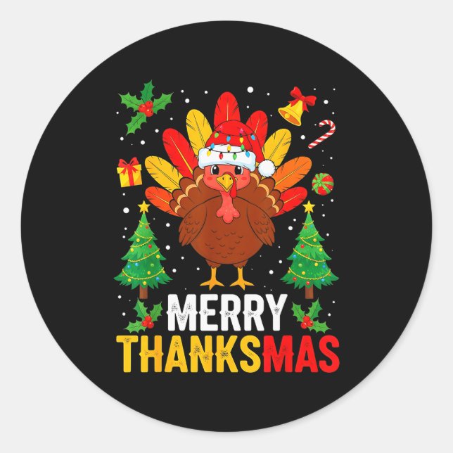 Adesivo Redondo Funny Merry Thanksmas Happy Thanksgiving Santa Tur (Frente)