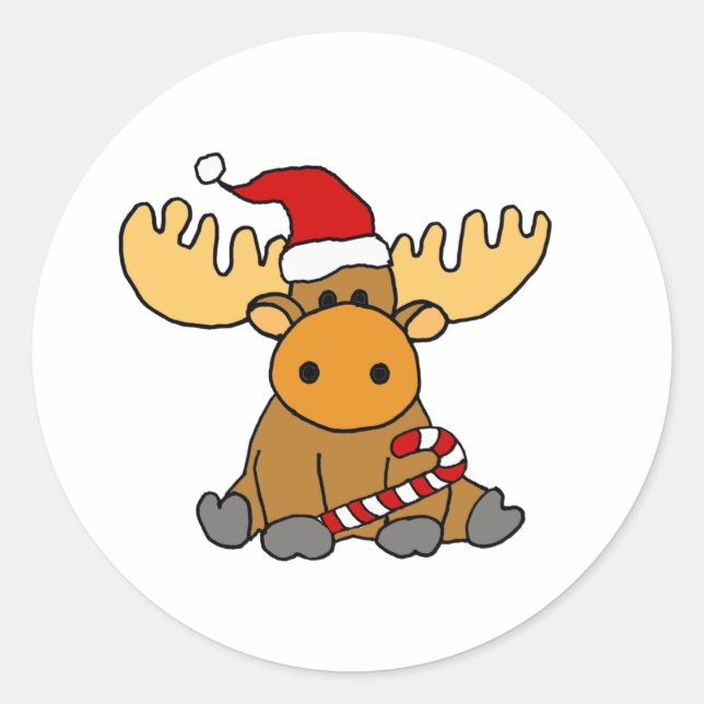 Adesivo Redondo Funny Moose in Santa hat Christmas Cartoon (Frente)