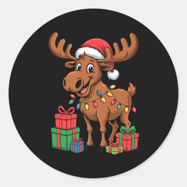 Adesivo Redondo Funny Moose Santa Hat Animals Lovers Ugly Christma (Frente)