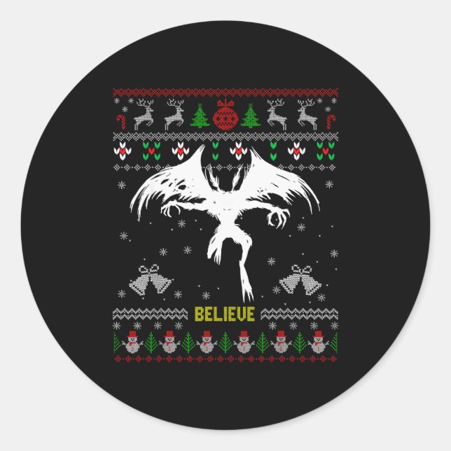 Adesivo Redondo Funny Mothman Ugly Christmas Sweater Believe Crypt (Frente)