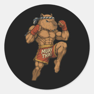 Adesivo Redondo Funny Muay Thai Capybara Thai Boxando Artes Marcia