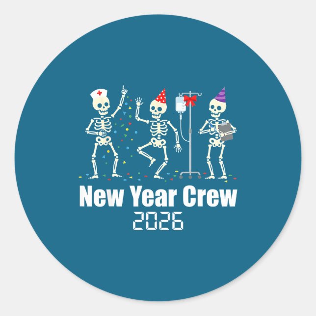 Adesivo Redondo Funny New Year Crew 2026 Medical Skeleton Celebrat (Frente)