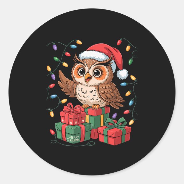 Adesivo Redondo Funny Owl Santa Hat Animals Lovers Ugly Christmas  (Frente)