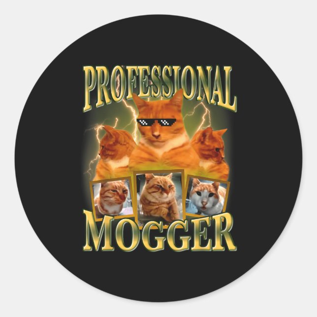 Adesivo Redondo Funny Professional Mogger Cat Meme Mewing Looksmax (Frente)