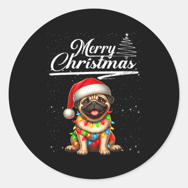 Adesivo Redondo Funny Pug Dog Christmas Lights Santa Hat Candy Can (Frente)