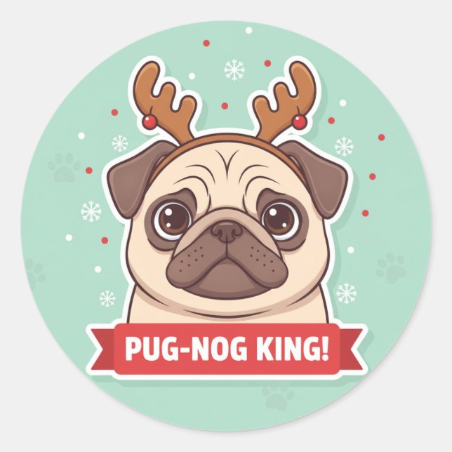 Adesivo Redondo Funny Pug Reindeer Holiday Sticker (Frente)