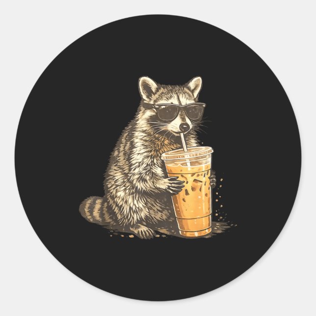 Adesivo Redondo Funny raccoon drinking iced coffee animal meme men (Frente)