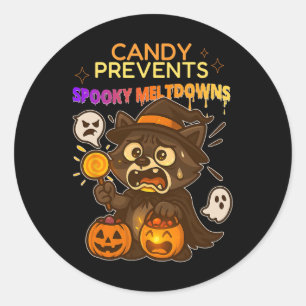 Adesivo Redondo Funny Raccoon Halloween Candy Meldown Para Criança