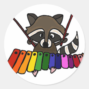 Adesivo Redondo Funny Raccoon Jogando Xylofone Colorido