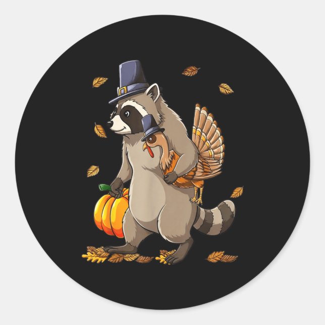 Adesivo Redondo Funny Raccoon Turkey Pumpkin Thanksgiving Gift Men (Frente)