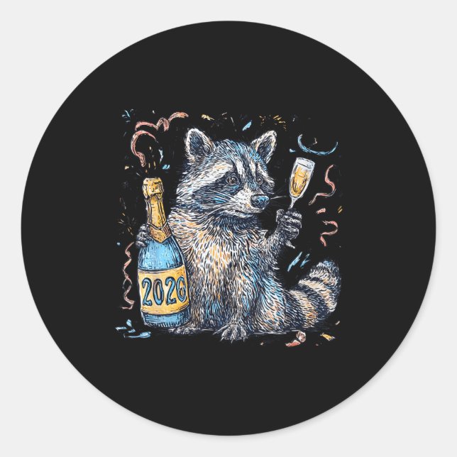 Adesivo Redondo Funny Raccoon With Champagne Disco Ball New Years  (Frente)