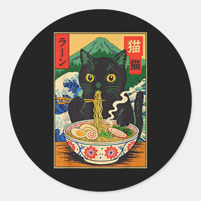 Adesivo Redondo Funny Ramen Cat Japanese Noodle Kitten  (Frente)