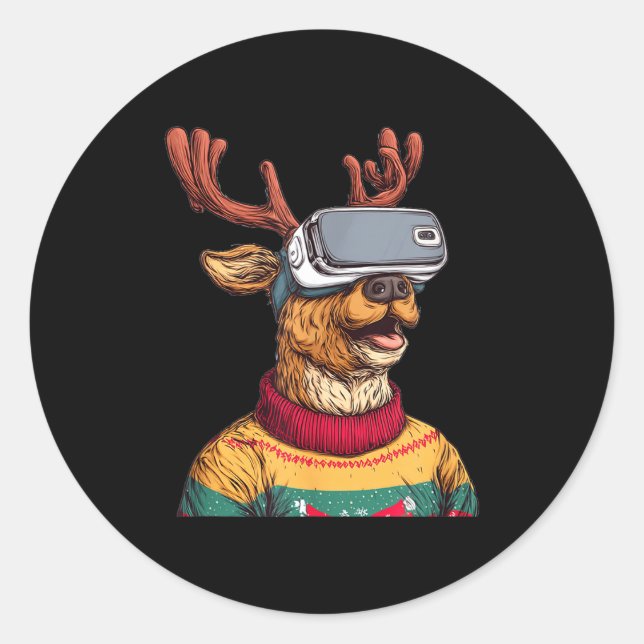 Adesivo Redondo Funny Reindeer In Christmas Sweater And Vr Headset (Frente)