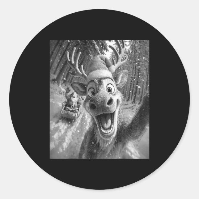 Adesivo Redondo Funny Reindeer Selfie Santa Merry Christmas Men Wo (Frente)