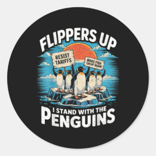 Adesivo Redondo Funny Resiste Pinguins Protestando Contra Tarifas