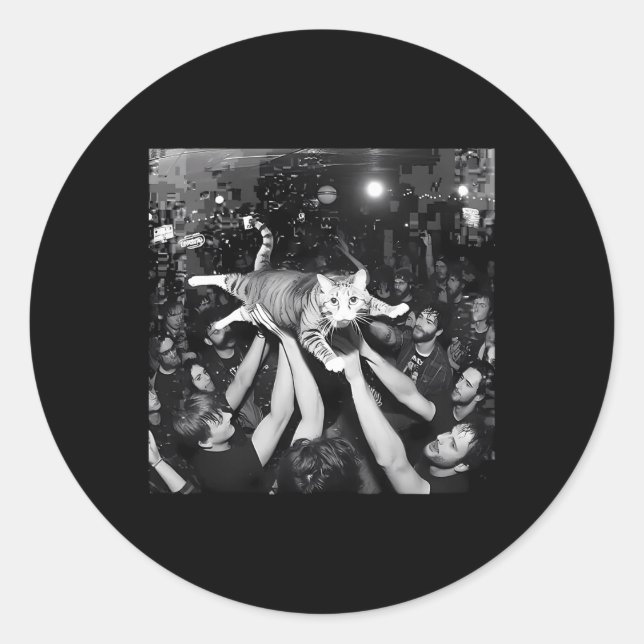 Adesivo Redondo Funny Rock Show Cat Meme Cute Tabby Kitten Crowd S (Frente)