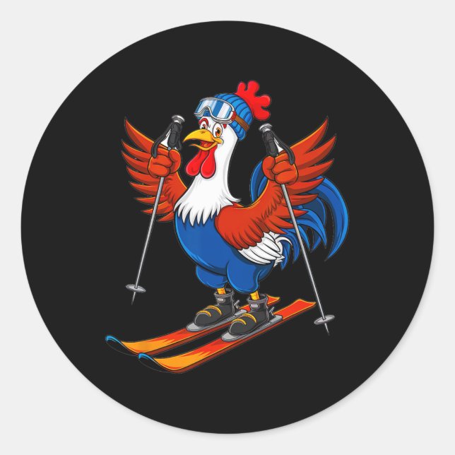 Adesivo Redondo Funny Rooster Skiing Adventure Cartoon  (Frente)
