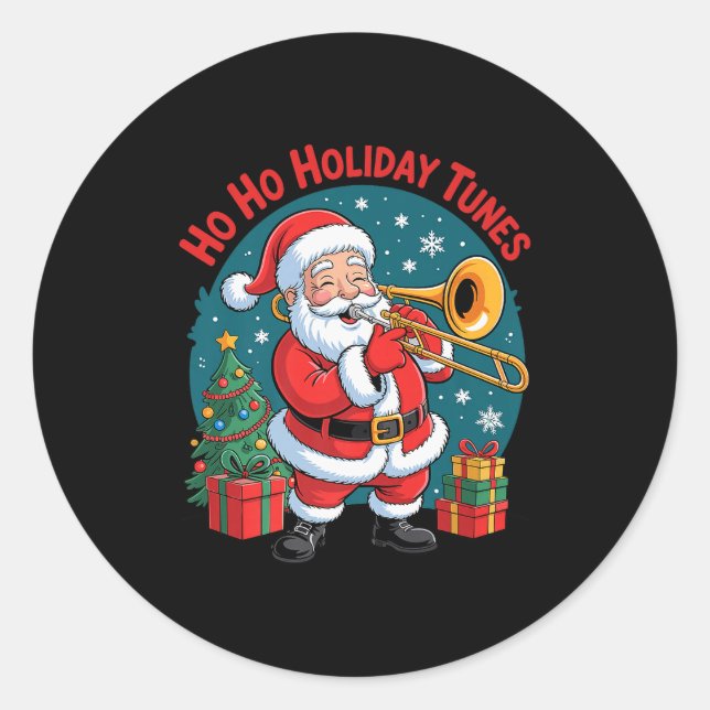 Adesivo Redondo Funny Santa Playing Trombone Holiday Chrismas Xmas (Frente)