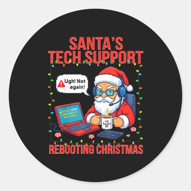Adesivo Redondo Funny Santa Rebooting Support Engineer s Tech (Frente)
