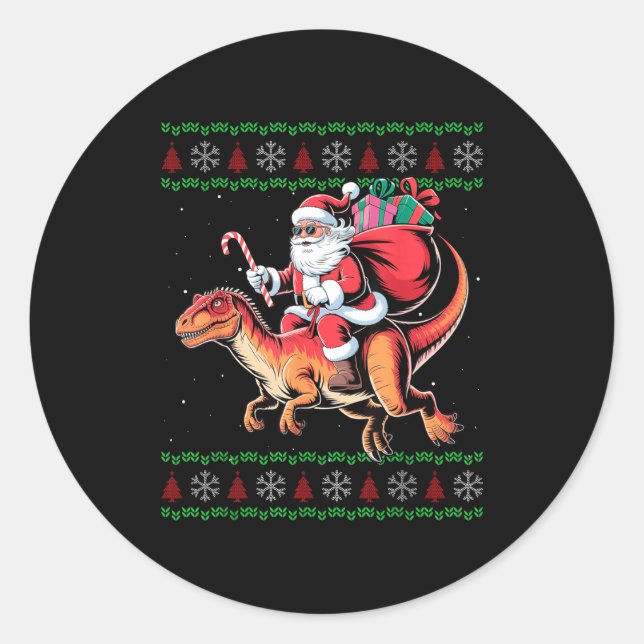 Adesivo Redondo Funny Santa Riding Dinosaur Animal Ugly Christmas  (Frente)