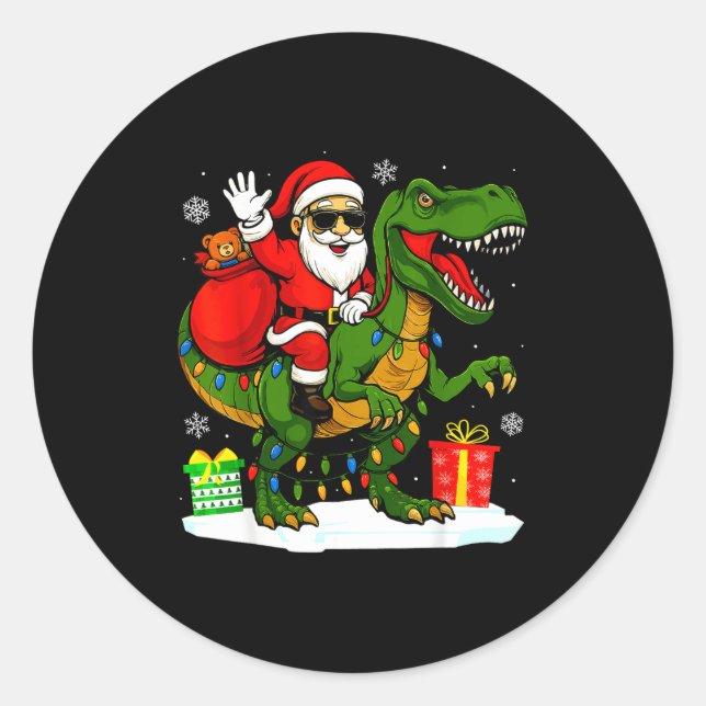 Adesivo Redondo Funny Santa Riding Dinosaur T Rex Christmas Santa  (Frente)