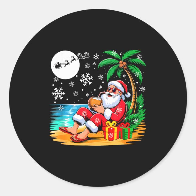 Adesivo Redondo Funny Santa Sungles Drinking Coconut On Beach Chri (Frente)