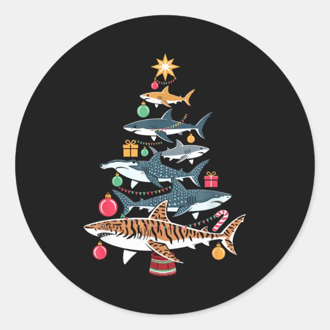 Adesivo Redondo Funny Shark Christmas Tree  (Frente)