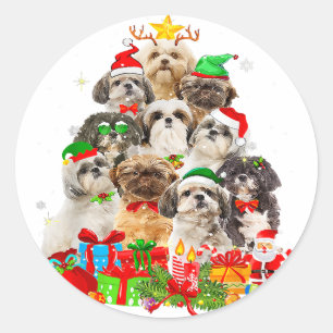 Adesivo Redondo Funny Shih Tzu Santa Hat   Luzes de Natal Presente