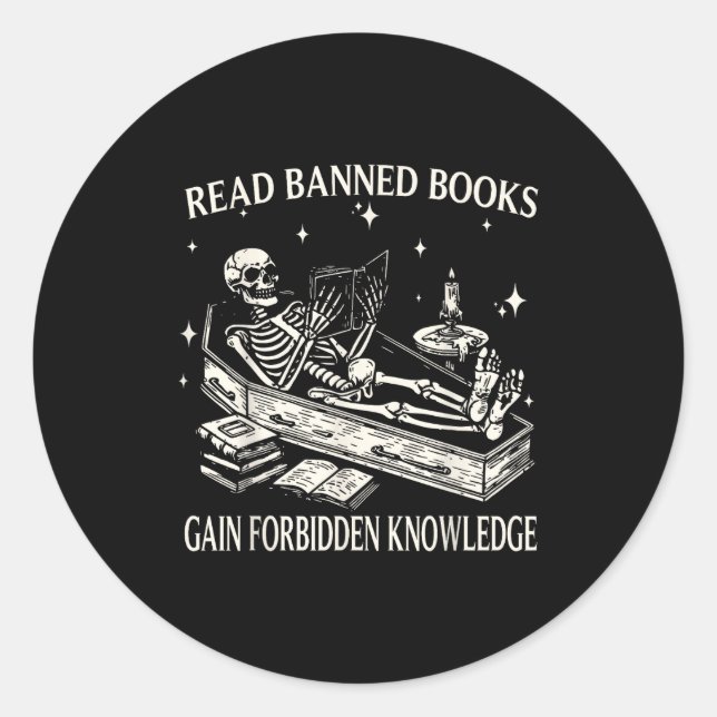 Adesivo Redondo Funny Skeleton Read Banned Books Gain Forbidden Kn (Frente)