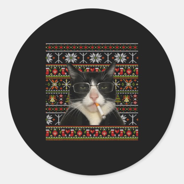 Adesivo Redondo Funny Smoking Cat Meme Christmas Ugly Sweater Cat  (Frente)